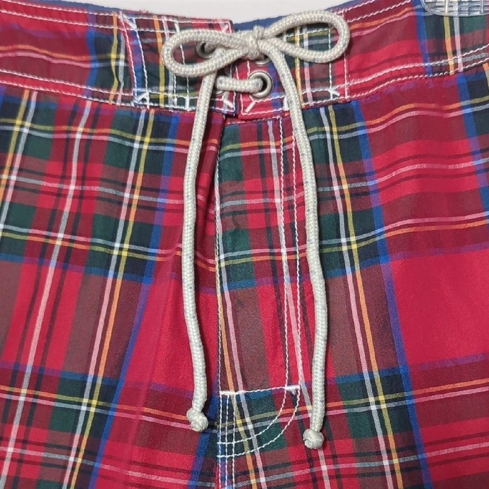 J. Crew Red Tartan Plaid Men's Swim Trunks‎ Board Shorts Size 33 Preppy Classic